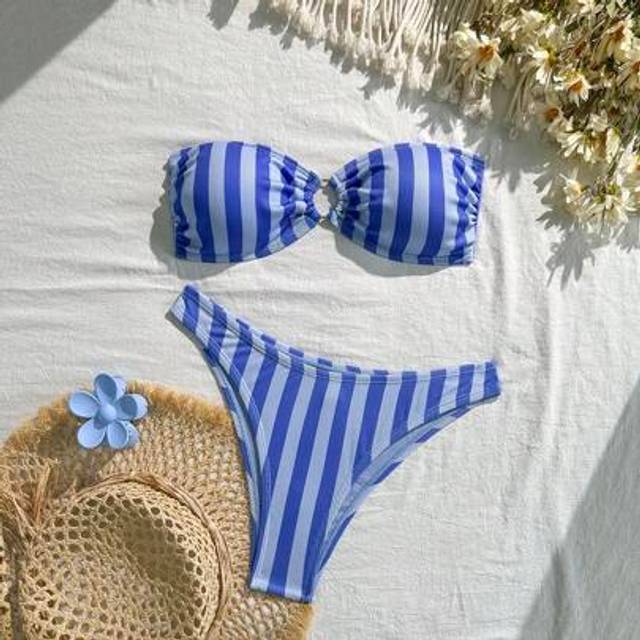 SHEIN Women&#39;s Textured Stripe Print Bandeau Bikini Set, Beach Vacation