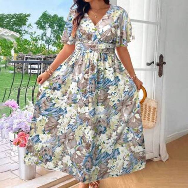 Plus sommar blommönster Överlappande V-ringad volang Kortärmad lång klänning Semester Maxi Damoutfit - Multifärgad (0XL,1XL,2XL,3XL,4XL)