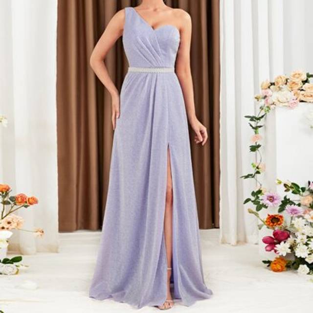 SHEIN One Shoulder Ruched Split Thigh Glitter Bridesmaid Dress