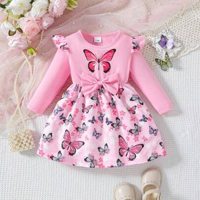 SHEIN Newborn Baby Girls Spring/Autumn Flower & Butterfly Print Long Sleeve Princess Style Soft Comfortable Dress