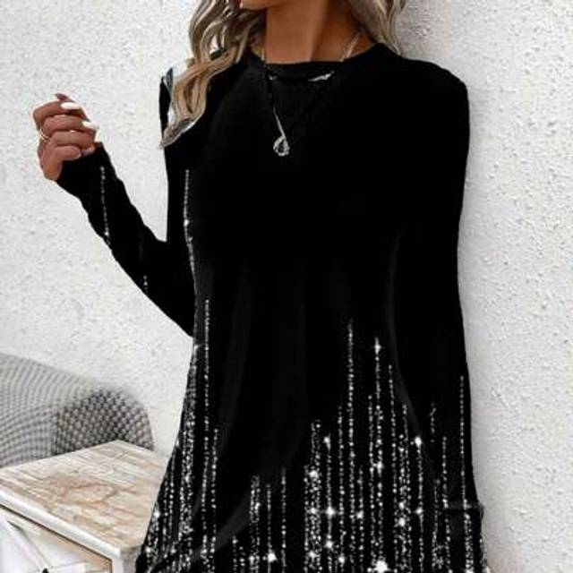 Luneh Plus Size Casual Round Neck Long Sleeve Art Hem Contrast Sequin Dress, Suitable For Autumn/Winter
