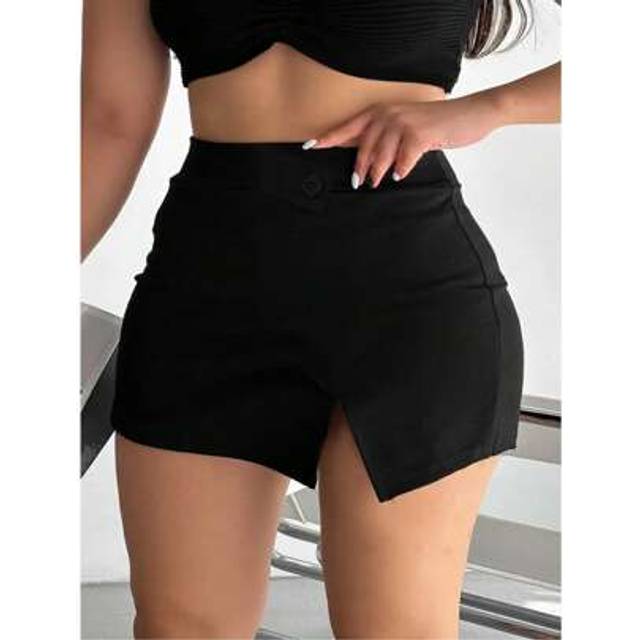 SHEIN Plus Size Women Casual Solid Black Side Slit Asymmetric Hem Bodycon Mini Skirt, Button Up Suitable For Summer Daily Wear, Dating, Nightclub, Party, El