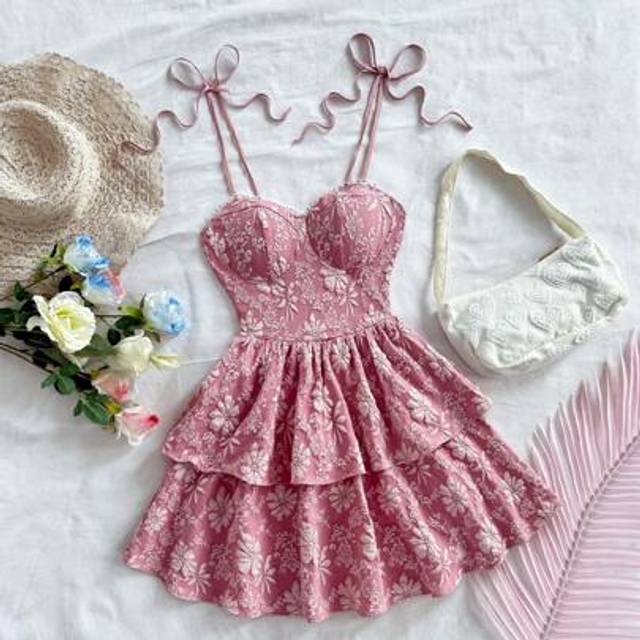 Kvinnors semester romantiskt blommig jacquard midja samlad dubbellager volanger mini prinsessklänning - Rosa (L,M,S,XL,XS,XXL,XXS,XXXL,XXXXL)