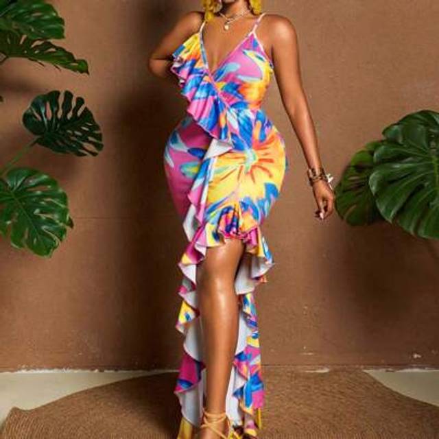 Maweii Plus Size Women Tropical Floral Print Ruffle Hem Wrap Dress