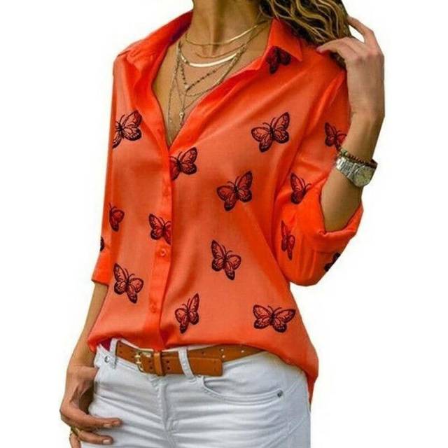(Red, L) Women Long Sleeve Blouse Oversized Spring Autumn Turn Down Collar Loose Office Lady Casual Butterfly Printing Basic