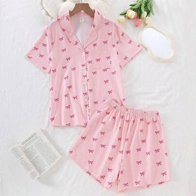 SHEIN Teen Girl Classic Striped Pink Bow Collar Short Sleeve Shorts Casual Comfortable 2 Pieces Pajama Sets (3 Sets Are Sold Separately),Summer,Travel