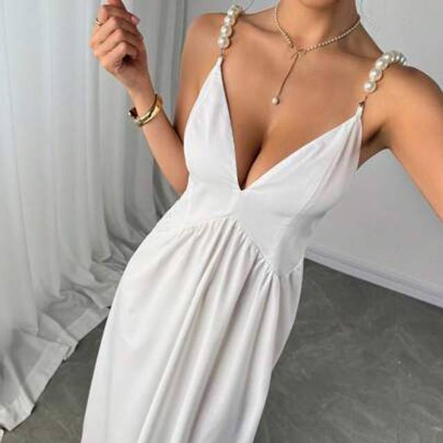 Oversize Pearl Decor Spaghetti Strap Casual Vacation Dress - Vitt (L,M,S,XL)