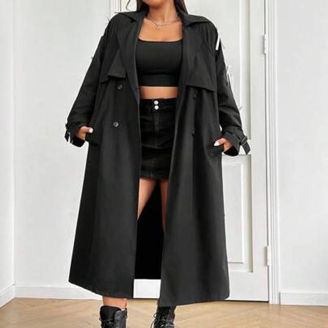 SHEIN Plus Size Black Long Trench Coat With Belt, Bowknot Ribbon Sleeve Decoration