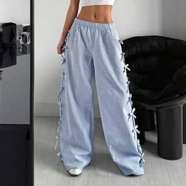 SHEIN Spring And Summer Blue And White Casual Low Waist Side Tie Bow Striped Wide Leg Pants