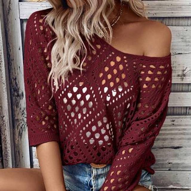 Breezaya Women Loose Casual 3/4 Sleeve Hollow Out Knit Sweater