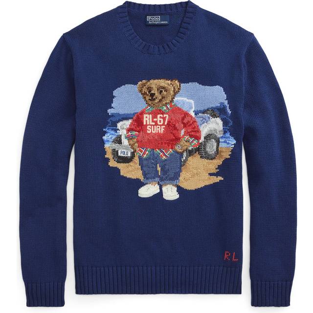 Polo Ralph Lauren, Stickade tröjor & koftor, Herr, L, Bomull, Intarsia Bomull Polo Bear Sweater - blue (L)