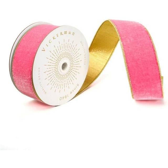 Vickerman QK241580 2.5 in. x 10 Yards Pink Velvet Gold Trim & Backing Wired Ribbon