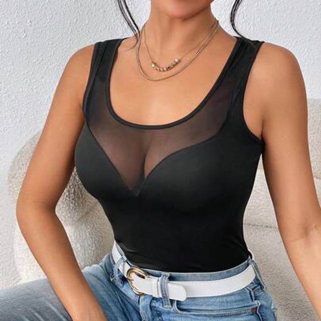 SHEIN Women Mesh Contrast Slim Fit Bodysuit