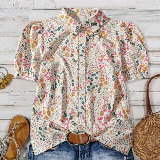 SHEIN Plus Size Casual Holiday Floral Puff Sleeve Blouse Summer Outfits For Women Easter Boho Renaissance Fair Wedding Guest Dress Women Mother Day Simple &