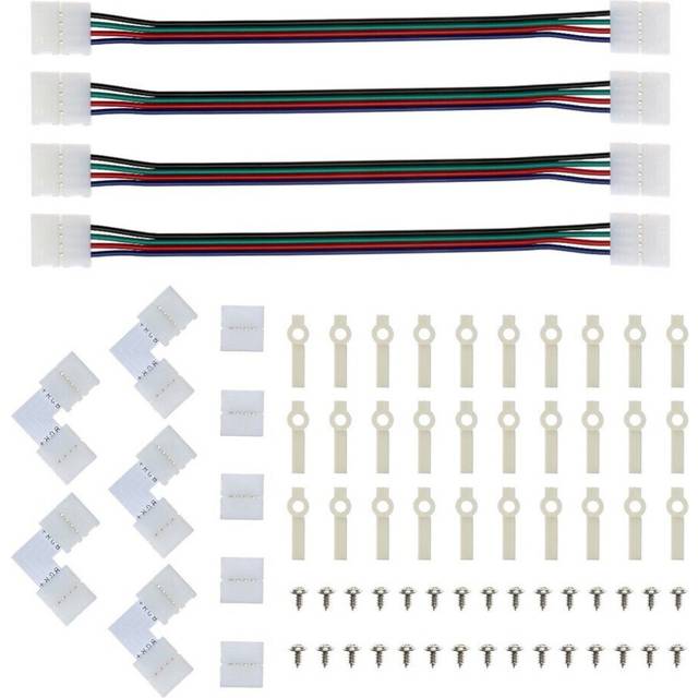 LED Strip Connector and Mount Bracket 5050 RGB Strip Light Connector L Shape Solderless Snap Down 4 Conductor LED RGB Connector for Right Angle Cor