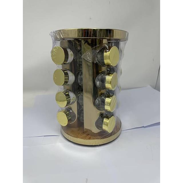 Gold 360Â° Rotating Spice Rack Organizer With 16 Glass Jars