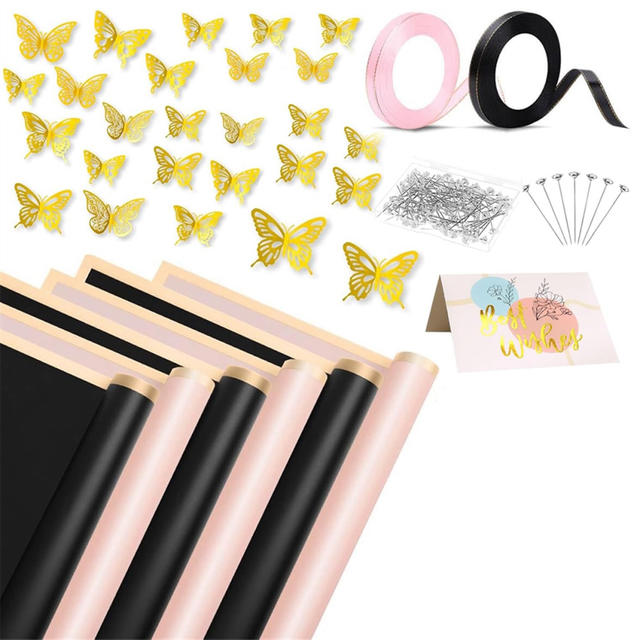 40 Sheets Flower Wrapping Paper, Waterproof Floral Bouquet Wrapping Paper Sheets Gold Edge with Ribbons Flower Pins