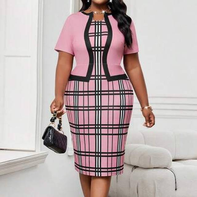 SHEIN Plus Size Women&#39;s Business Professional Floral Printed Short Sleeve Graduation Slim Fit Dress Teacher Clothes Teacher Dress Four Seasons St Patrick Bu