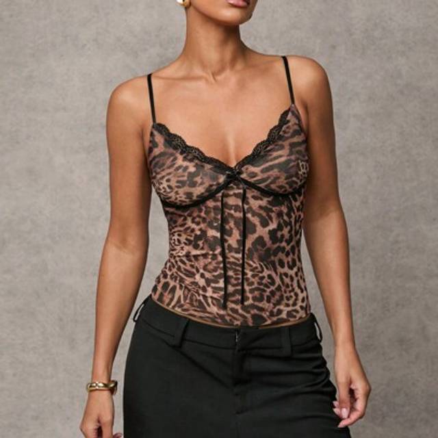 SHEIN Summer Beach Vacation Bow Sexy See-Through Leopard Print Tops Daily Travel Leopard Print Tops Dating Tops Party Tops School Party Tops Festival Tops B