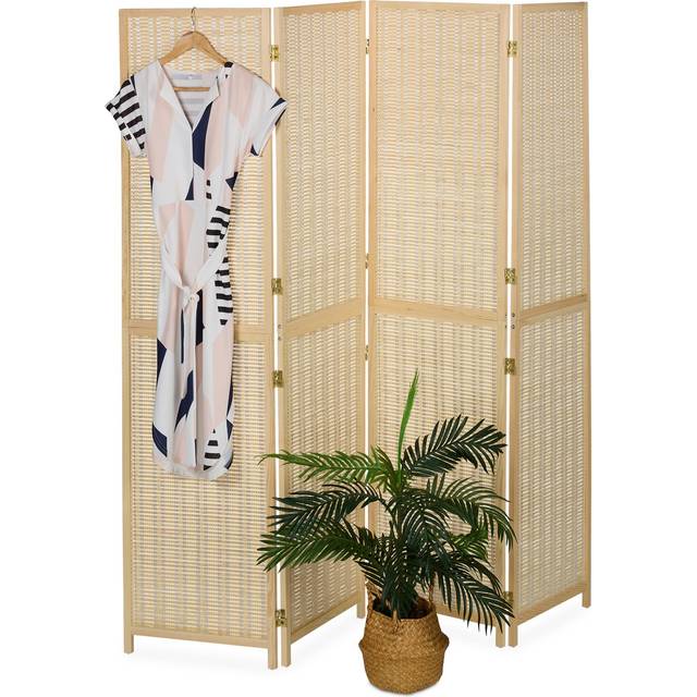 Relaxdays - Room Divider, 4-Panel, Folding Screen, HxW: 180x182 cm, Bamboo & Wood, Partition Wall, Living Room, Natural