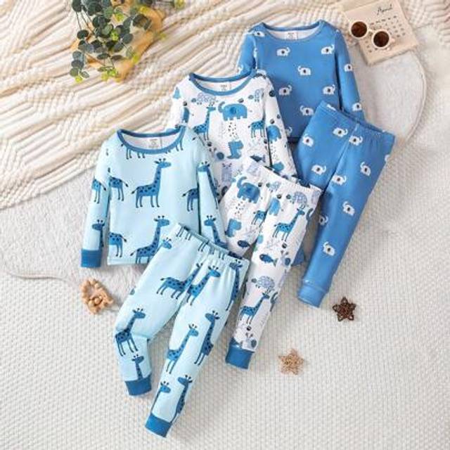 SHEIN Baby Boy 3-Piece Pajamas Set: Cute Cartoon Print & Striped Combination Print Snug Fit Long Sleeve T-Shirt And Snug Fit Long Pants