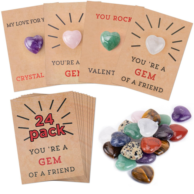 Valentines Day Gifts for Kids - 24 Pack Cards with Heart-Shape Crystals Valentine Gift Exchange
