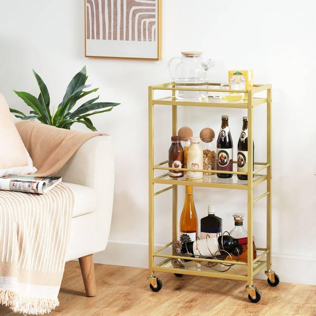 MAHANCRIS 3 Tier Bar Cart for Home, Kitchen Storage Island Serving Cart on Wheels, Tempered Glass Trolley, Rolling Beverage Cart for Bar, Dining Room,