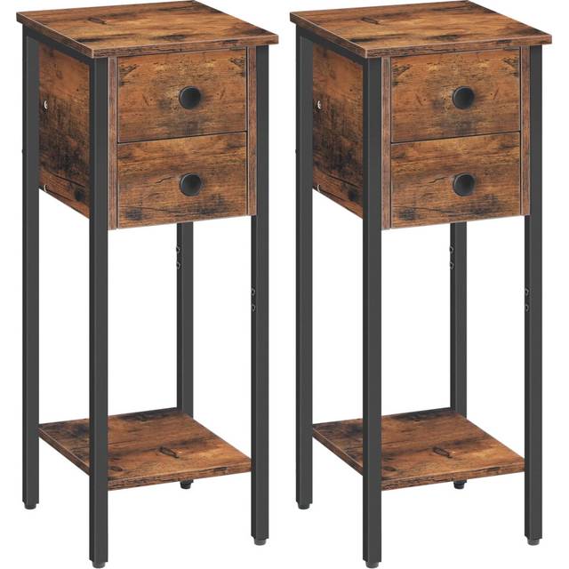 HOOBRO Narrow Bedside Table Set of 2, Slim Bedside Table, Telephone Table with 2 Drawers, Tall Side Table with Metal Frame, Small Nightstand with Open