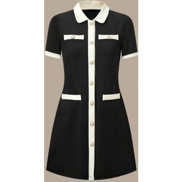 SHEIN Tween Girl Elegant Fashion Collared Short Sleeve Color Block Pearl Button Decor Faux Pocket Fitted Stretch Mini Dress