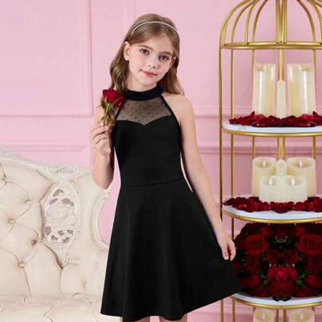 SHEIN Fern Glow  Tween Girl Cute Black Valentine&#39;s Day Contrast Mesh Sleeveless Dress, Summer