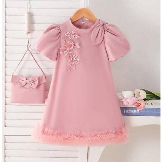 Elegant och klänning för unga flickor med fjärilsdekorerad handväska, puffärm, stor fjäril, paljett, blommig nätsöm Designklänning - Rosa (6Y,7Y,4Y,5Y)