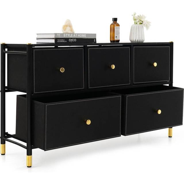 Dresser Metal Frame Fabric Dresser Tower With 5 Drawers for Bedroom