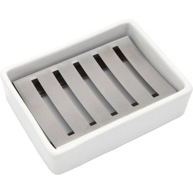 (As show, One size) Ceramic Soap Dish Stainless Steel Soap Dish For Bathroom And Shower Double Layer Draining Soap Box