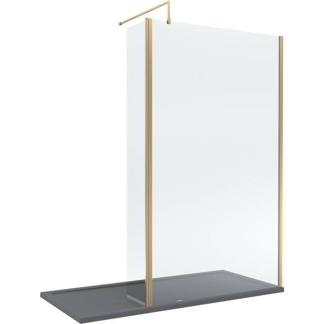 8mm Glass Walk In Wetroom Screen and Hinged Return Screen with Brushed Brass Profile and Grey Shower Tray - 1700 x 700mm