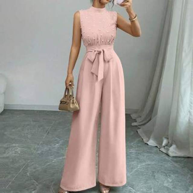 Elenzga Elenzga Pearl Beaded Sleeveless Cinched Waist Apricot Elegant Commuter Stacked Neck Top Wide Leg Jumpsuit , Comfortable Jumpsuit, Asymmetric Sleeveles