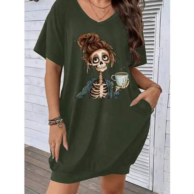 SHEIN Plus Size Casual Skull Print Short Sleeve Dress, Summer