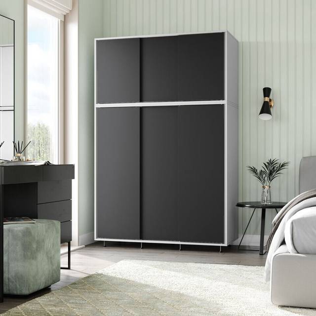 (White Carcass with Black Doors) 6 Sliding Doors Wardrobe Bedroom Storage Closet Clothes Hanging Rail Cupboard