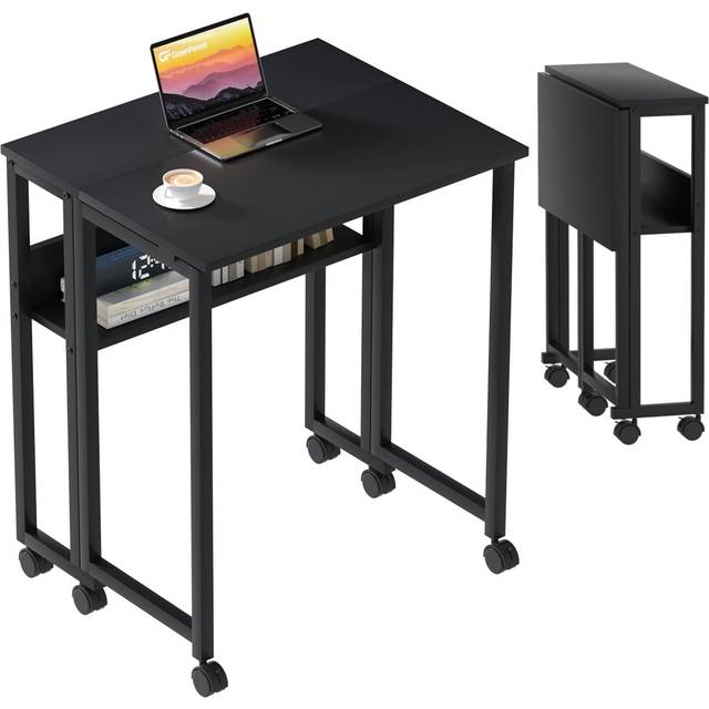 GreenForest Small Folding Desk with Storage Shelf,63 cm Computer Rolling Desk on Wheels Easy Assembly,Foldable desk for Small Space,Black