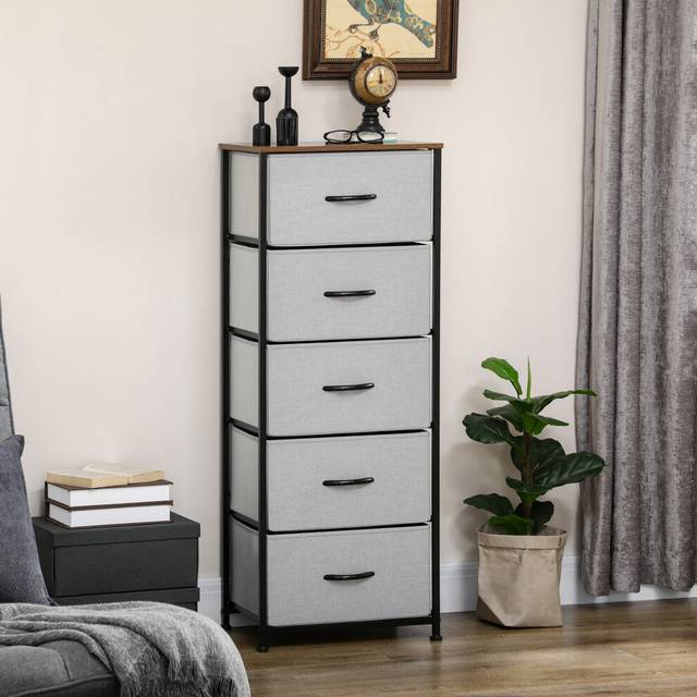 (Grey) HOMCOM 5 Drawer Fabric Chest of Drawers w/ Wooden Top for Hallway