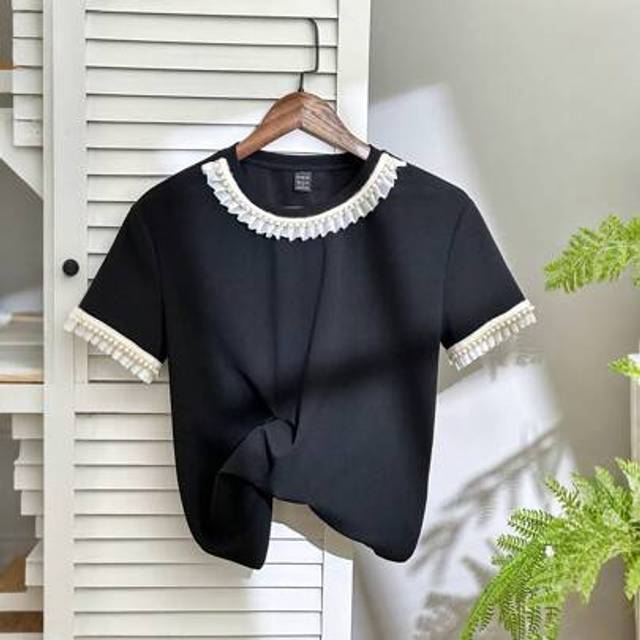 Elenzga Women&#39;s Fashionable Contrast Color Beaded Decor Ribbed Summer Casual Loose Crew Neck Short Sleeve T-Shirt