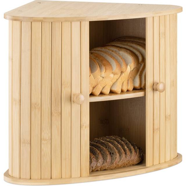 Navaris Wooden Bread Bin- Countertop Kitchen Corner Bread Bun Farmhouse Loaf Bagel Wood Container with Sliding Doors - Corner Wood Breadbox