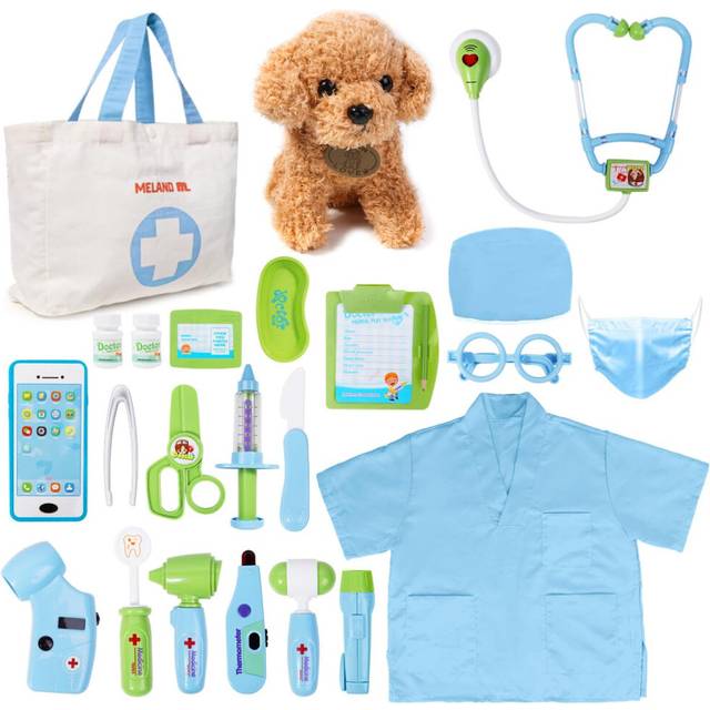 MELAND Doctors Set for Kids - Children Pet Vet Care Play Set with Doctor Costume, Plush Dog, Pretend Role Play Medical Kit Toys Gifts for 3 4 5 6 Year