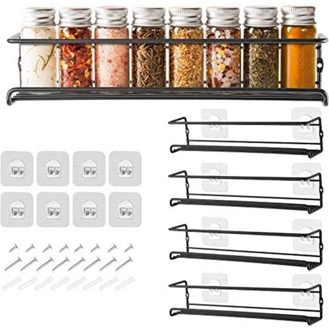 GEEDIAR Spice Racks Organiser - 4 Tier Hanging Stainless Steel Wall Mounted with Adhensive Stickder & Screws - Kitchen & Pantry Shelf for Condiments,