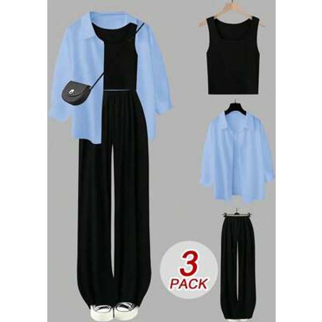 Flirla Plus Size 3 Pieces Set: Camisole, Wide Leg Pants, Color Block White Shirt, Casual Loungewear For Autumn/Winter