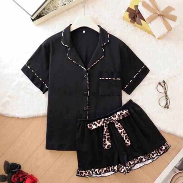 SHEIN 2 Pcs Women All-Over Leopard Print Contrast Color Short Sleeve Top And Shorts Pajama Set, Suitable For All Seasons, Pockets Lapel Button Front Top & B