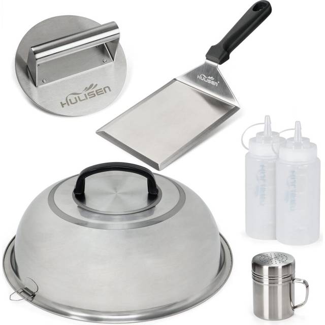 HULISEN Smashed Burger Kit, Burger Press, 12 Inch Basting Cover, Grill Spatula, Spice Dredge Shaker and 2 Squeeze Bottles - Griddle Accessories Kit