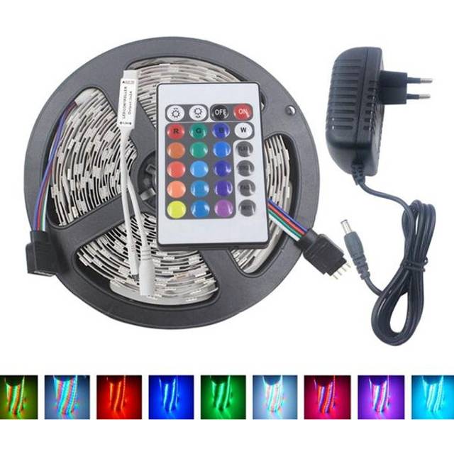 (US Plug) 5M 3528 24W RGB 300 Non-Waterproof LED Flexible Strip Light 24 Keys IR Remote + Power Adapter DC12V