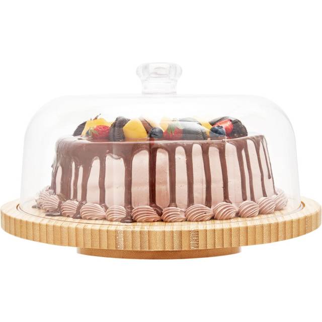 Ohuhu Cake Stand with Dome Lid, Bamboo 2-in-1 Cake Turntable Cake Display Stand with Lid and Three Detachable Supports for Cake Decoration Baking,