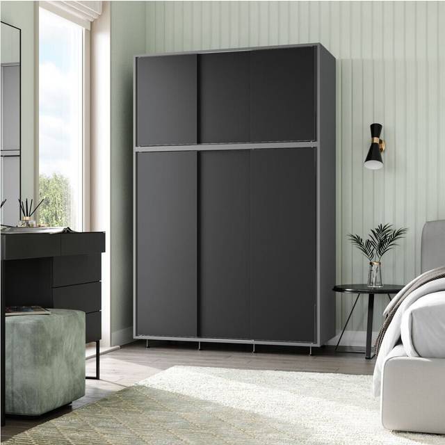 (Grey Carcass with Black Doors) 6 Sliding Doors Wardrobe Bedroom Storage Closet Clothes Hanging Rail Cupboard