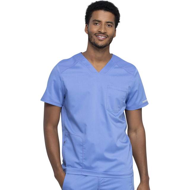 Cherokee Men's V-Neck Scrub Top with Mesh Yoke and Side Panels for Extra Breathability Plus Size WW603  5XL  Ciel Blue
